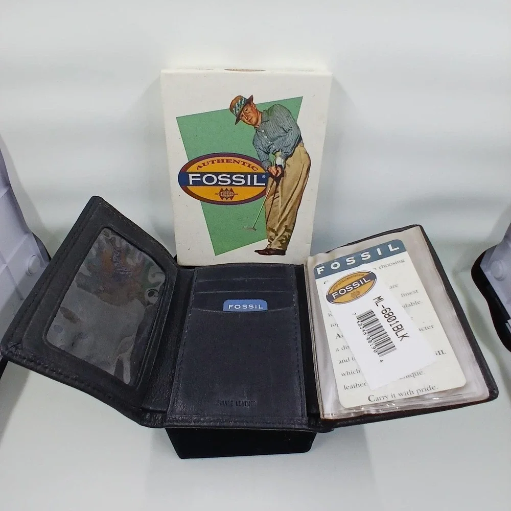 Fossil‎ Leather Wallet Mens One Size Black Trifold Golf Theme Boxed Logo